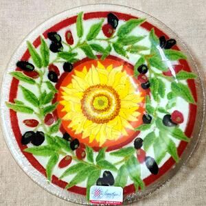 Peggy Karr Glass Tuscany Bowl 8.5” Fused Glass Villa Olives-Sunflower Round Dish